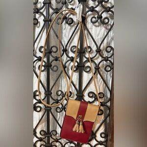 UE Tan and Red Crossbody Bag with Tassels